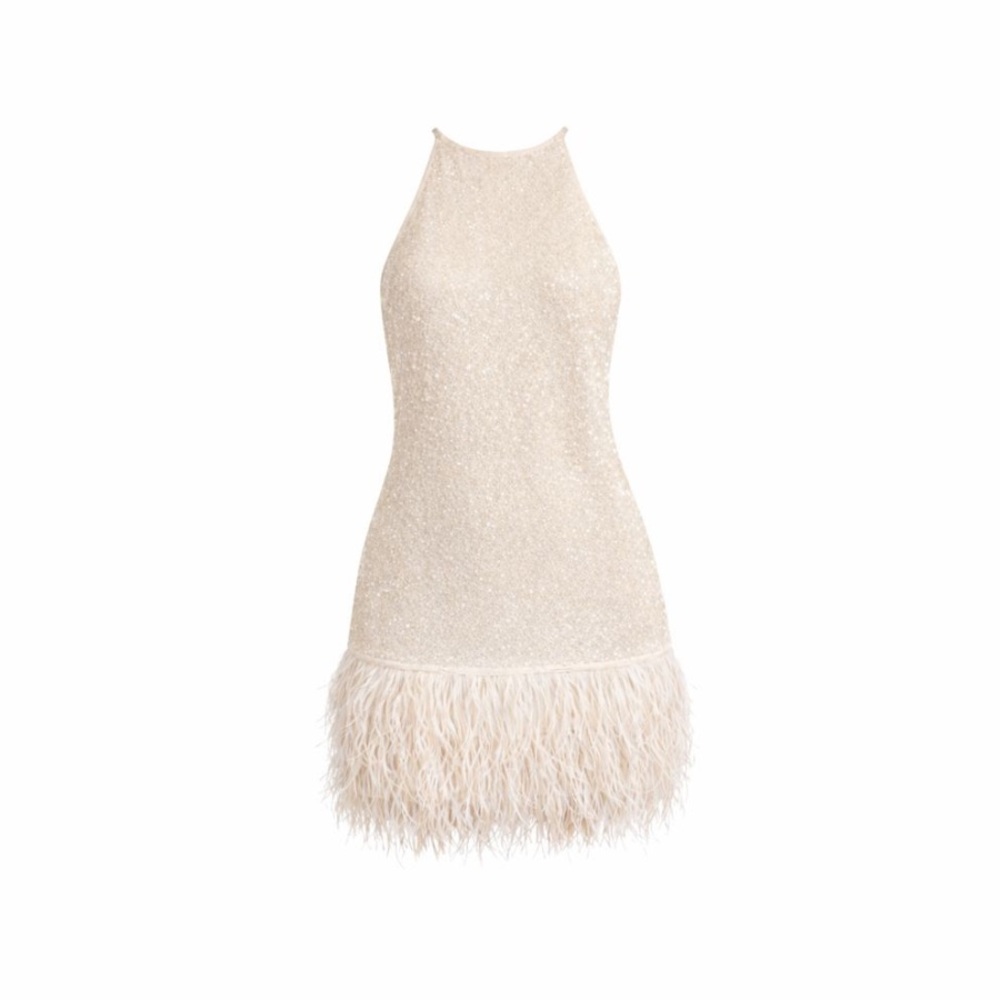 Lucy Paris Sparkling Cream Feather Hem Dress